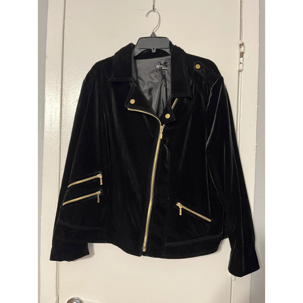 INC International Concepts Black Velvet Moto Jacket Gold Zip Womens 2X Plus Size